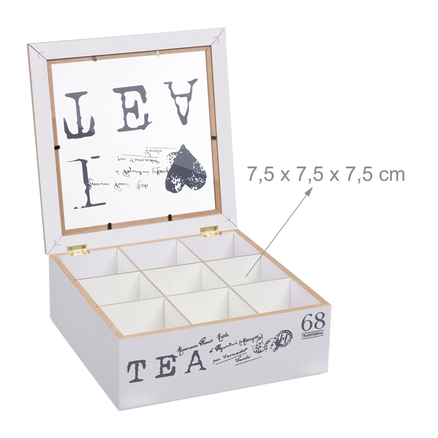 Relaxdays Teebox weiß-grau aus MDF mit 9 Fächern, offenem Acryl-Deckel und "I Love Tea" Schriftzug.