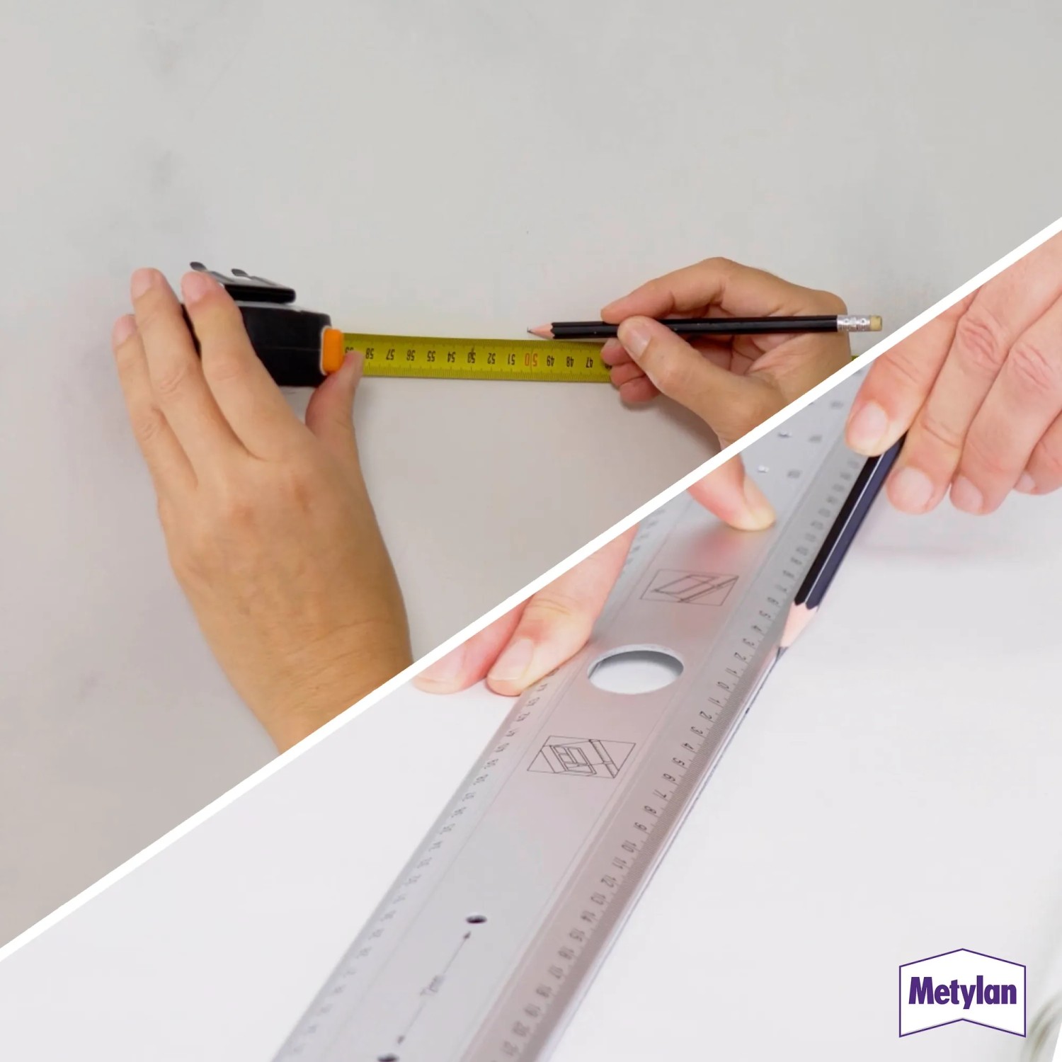 Anwendung von Metylan Vlies Fertigkleister: Wand ausmessen mit Zollstock und Bleistift.