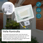 Weißer LUXULA LED Strahler 50W mit Bewegungsmelder für Außen, Detailaufnahme der Einstellmöglichkeiten.