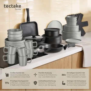 Tectake Küchenstarterset mit Geschirr, Töpfen und Pfannen aus Steingut und Aluminium.