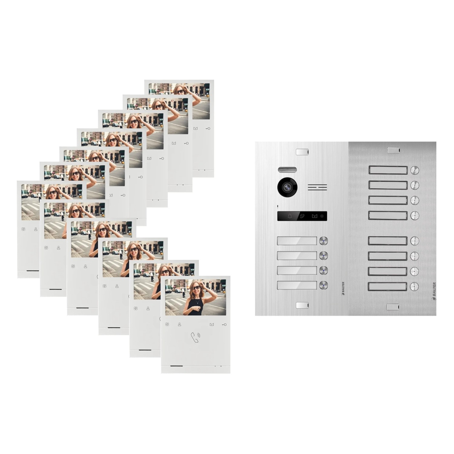 Balter Evo Quick Video Türsprechanlage für 12 Familienhaus mit 12x 4,3 Zoll Monitor 2-Draht Bus Silber