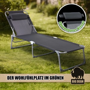 Klappbare, dunkelgraue BigDean Sonnenliege mit Kopfkissen, bis 150 kg belastbar.