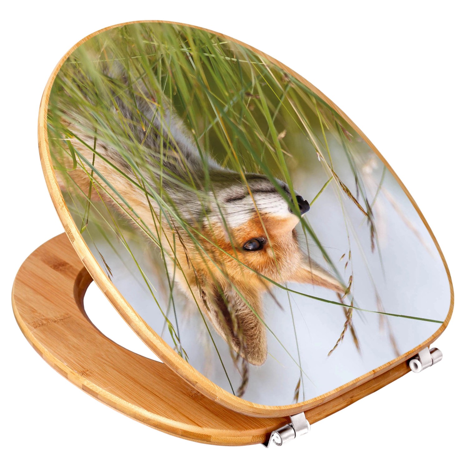 Banjado WC-Sitz aus Bambus mit Fuchs-Motiv. Toilettendeckel aus Holz mit Universal Scharnieren.