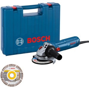 Bosch Professional Winkelschleifer GWS 12-125 im Handwerkerkoffer mit Zusatzhandgriff und Trennscheibe.