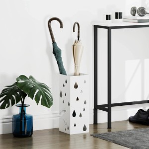 Weißer HOMCOM Regenschirmständer mit Haken und Wasserauffangschale, verziert mit Ausschnitten im Tropfen-Design.