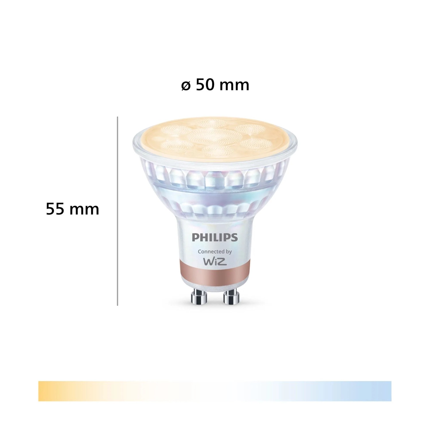 Philips WiZ Smart LED GU10 Leuchtmittel, 50mm Ø, 55mm hoch, dimmbar, warm- bis kaltweißes Licht.