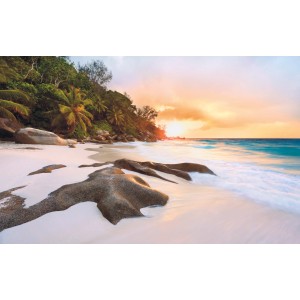 Komar Vlies Fototapete Nature: Strand mit Felsen und Sonnenuntergang, 400x250 cm.