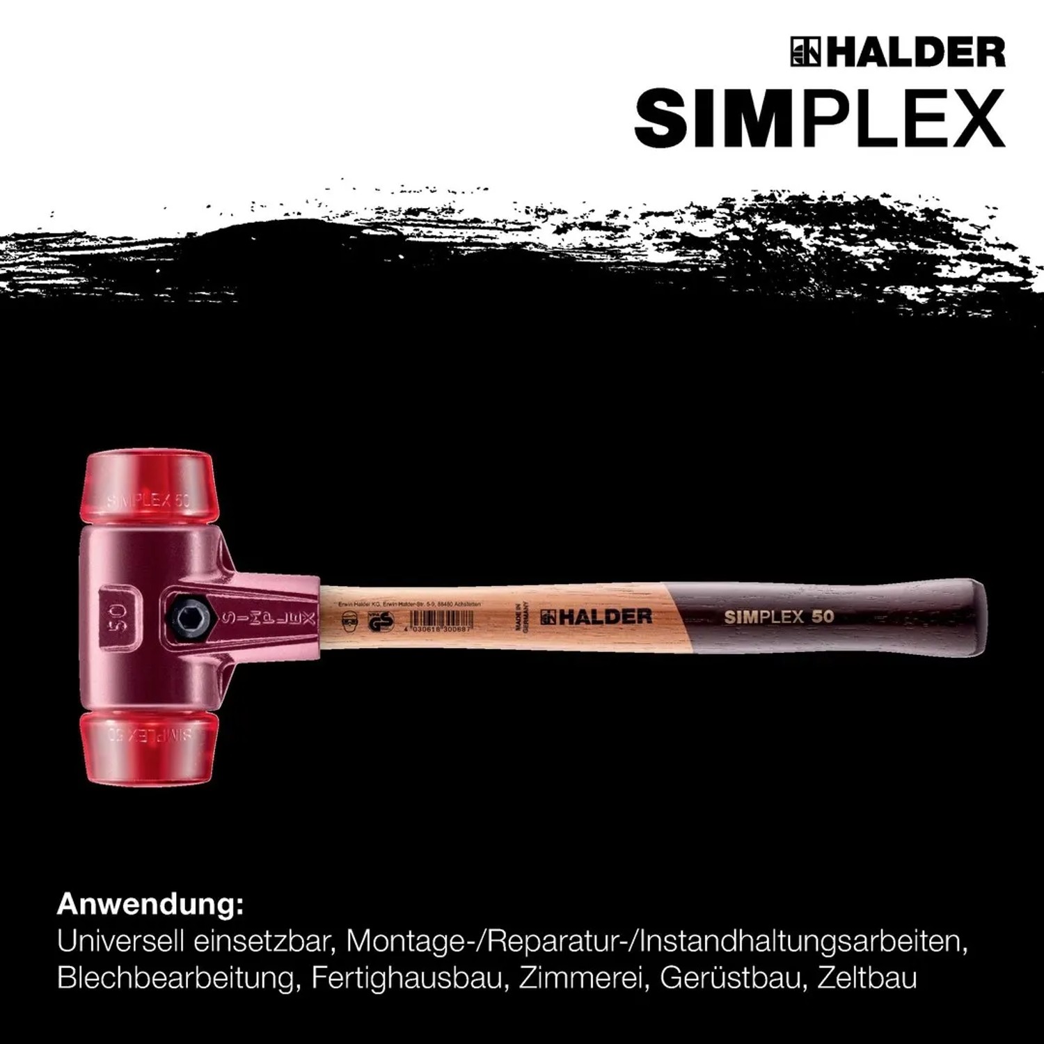 Halder Simplex Schonhammer, Ø 30 mm, mit rotem Plastik-Schlageinsatz, Tempergussgehäuse und Holzstiel.