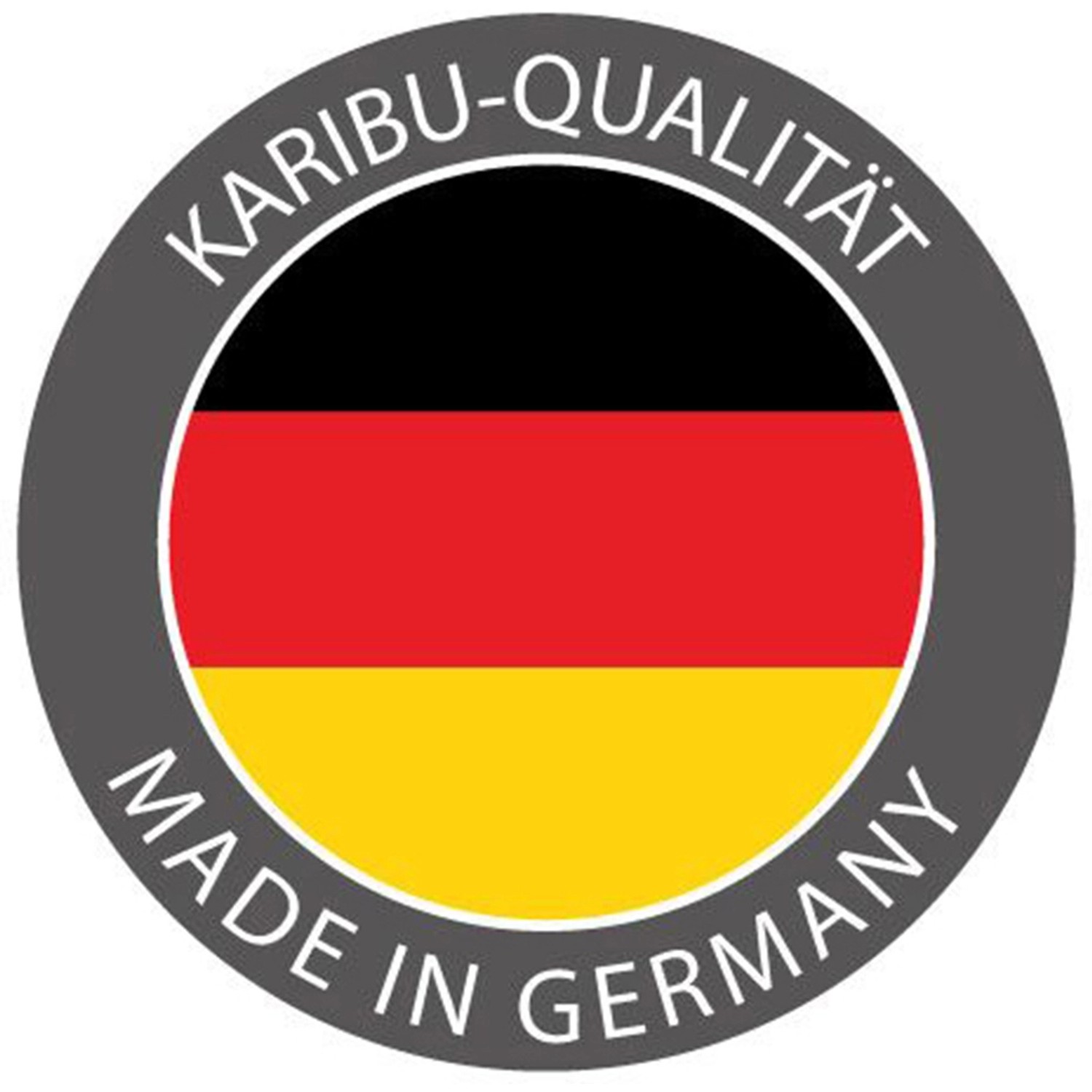 Karibu Sauna Horna: Qualitätssiegel Made in Germany mit Deutschlandflagge.