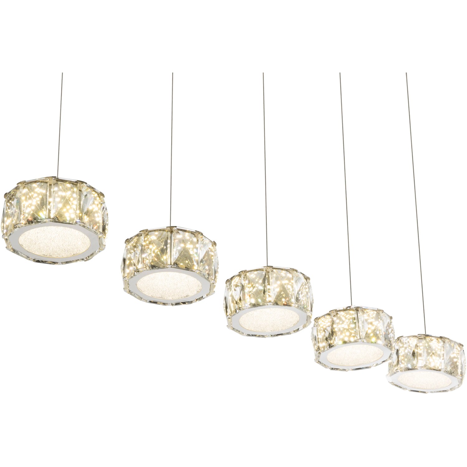 7-flammige LED-Pendelleuchte Amur in Chrom mit Acryl- und Glaskristall-Elementen.