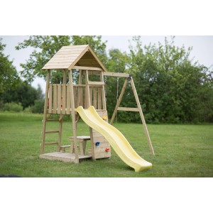Wendi Toys Kinderspielturm Pelikan mit Rutsche, Schaukel und Kletterwand aus Holz.