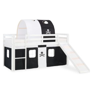 Weißes Homestyle4u Hochbett 90x200 mit Piraten-Vorhang, Tunnel und Rutsche. Stabiles Kiefernholz Abenteuerbett für Kinder.