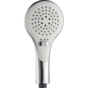 Verchromte, weiße Handbrause mit 3 Funktionen und Umschalter für verschiedene Strahlarten.