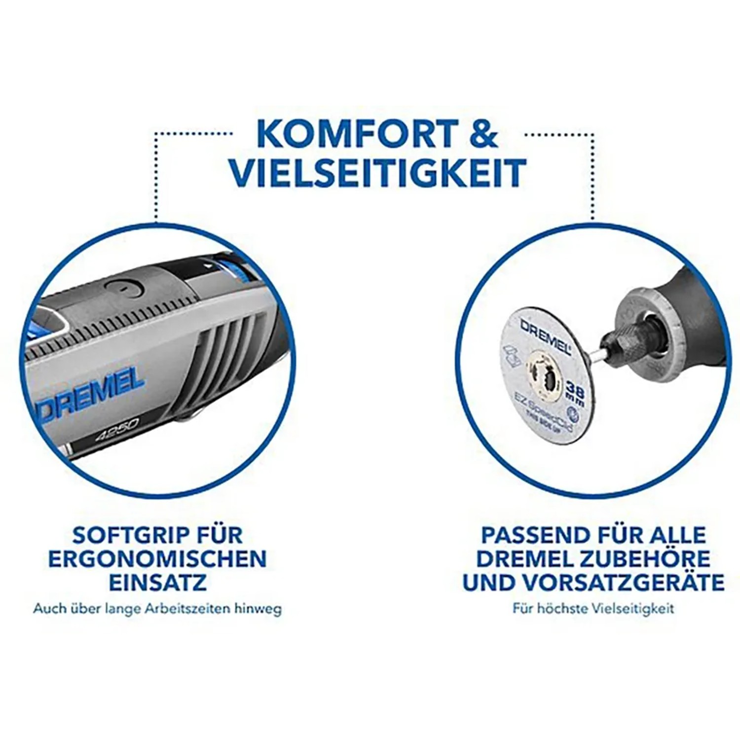 Dremel 4250-35 Multifunktionswerkzeug: Detailaufnahme von Werkzeug und Zubehör.