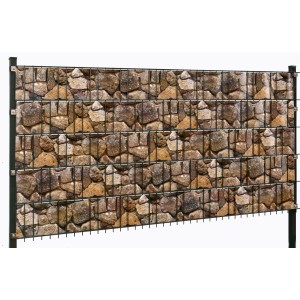 Floraworld PVC-Sichtschutzrolle in Bruchstein-Optik am Zaun montiert.