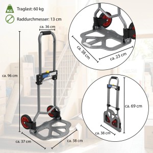 TRUTZHOLM Sackkarre, klappbar, höhenverstellbar, 60 kg Traglast. Grauer Stahlrahmen, rote Räder, mit Maßen.