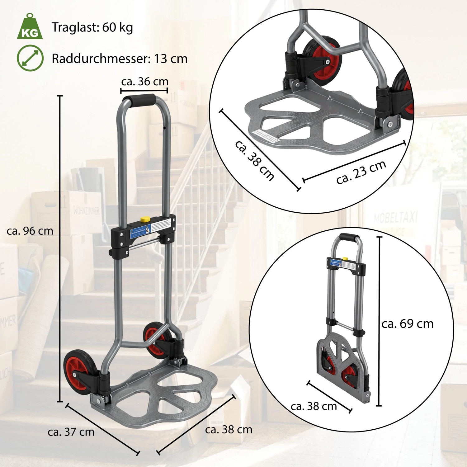 TRUTZHOLM Sackkarre, klappbar, höhenverstellbar, 60 kg Traglast. Grauer Stahlrahmen, rote Räder, mit Maßen.