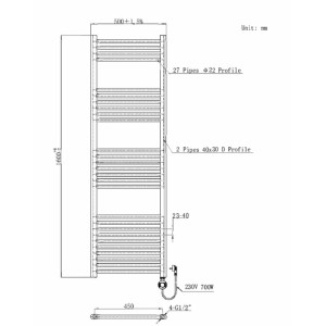 Technisches Diagramm des Belvit elektrischen Badheizkörpers, 1600x500mm, 700W, mit Maßen und Rohranzahl.