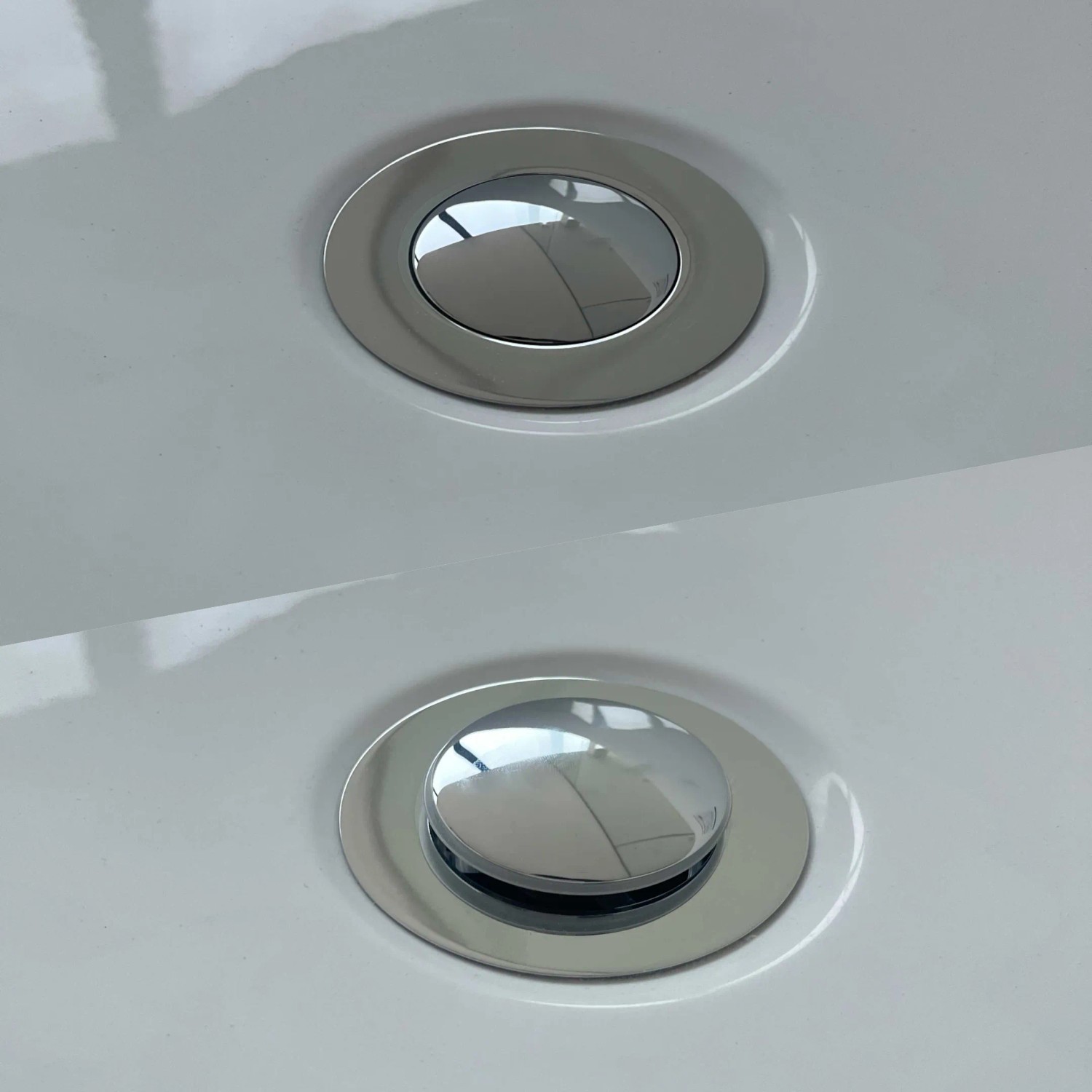 Detailaufnahme: Click-Clack-Ablauf einer AICA Badewanne, Chrom