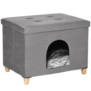 Graue PawHut 2-in-1 Katzenhöhle mit weichem Kissen und Holzfüßen.