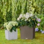 Lechuza Cube Cottage Pflanzkübel, 50x50 cm, sandbraun und weiß, mit Pflanzen im Garten.