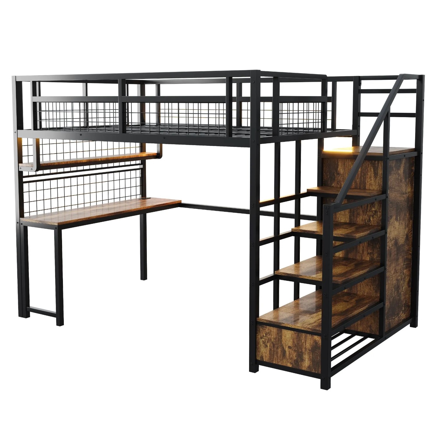 okwish Hochbett 140x200cm mit Stauraumleiter Kleiderschrank Tisch Lichtleiste Schwarz ohne Matratze