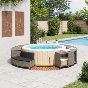 Graue vidaXL Whirlpool Umrandung aus Poly Rattan mit Bank, Regal und Holzstufe.