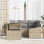 Beiges vidaXL Gartensofa-Set mit Tisch und hellgrauen Kissen aus Polyrattan.