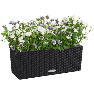 Lechuza Balconera Cottage 50, graphitschwarzer Blumenkasten mit Flechtmuster und Bepflanzung.