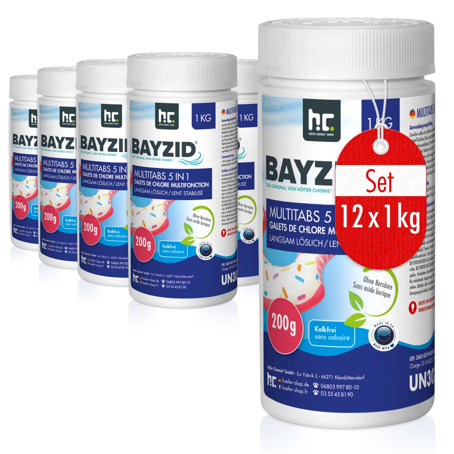 Bayzid Multitabs 5in1 für Pools, 12x1kg Set, langsam lösliche Chlortabletten im weißen Behälter.