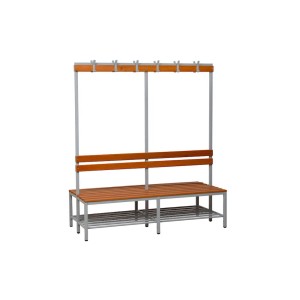 Freistehende PROREGAL Sitzbank grau/buche mit Rückenlehne, Hakenleiste und Schuhrost.