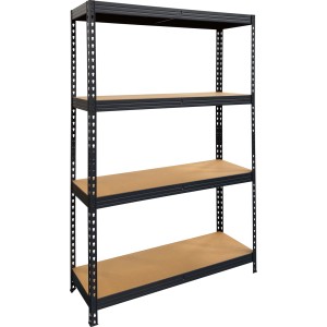 OBI Metall-Schwerlast-Steckregal, pulverbeschichtet, mit 4 hellbraunen MDF-Böden. Maße 180x120x40 cm.
