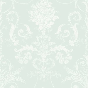 Laura Ashley Vliestapete Josette Duck Egg mit floralem Damastmuster.