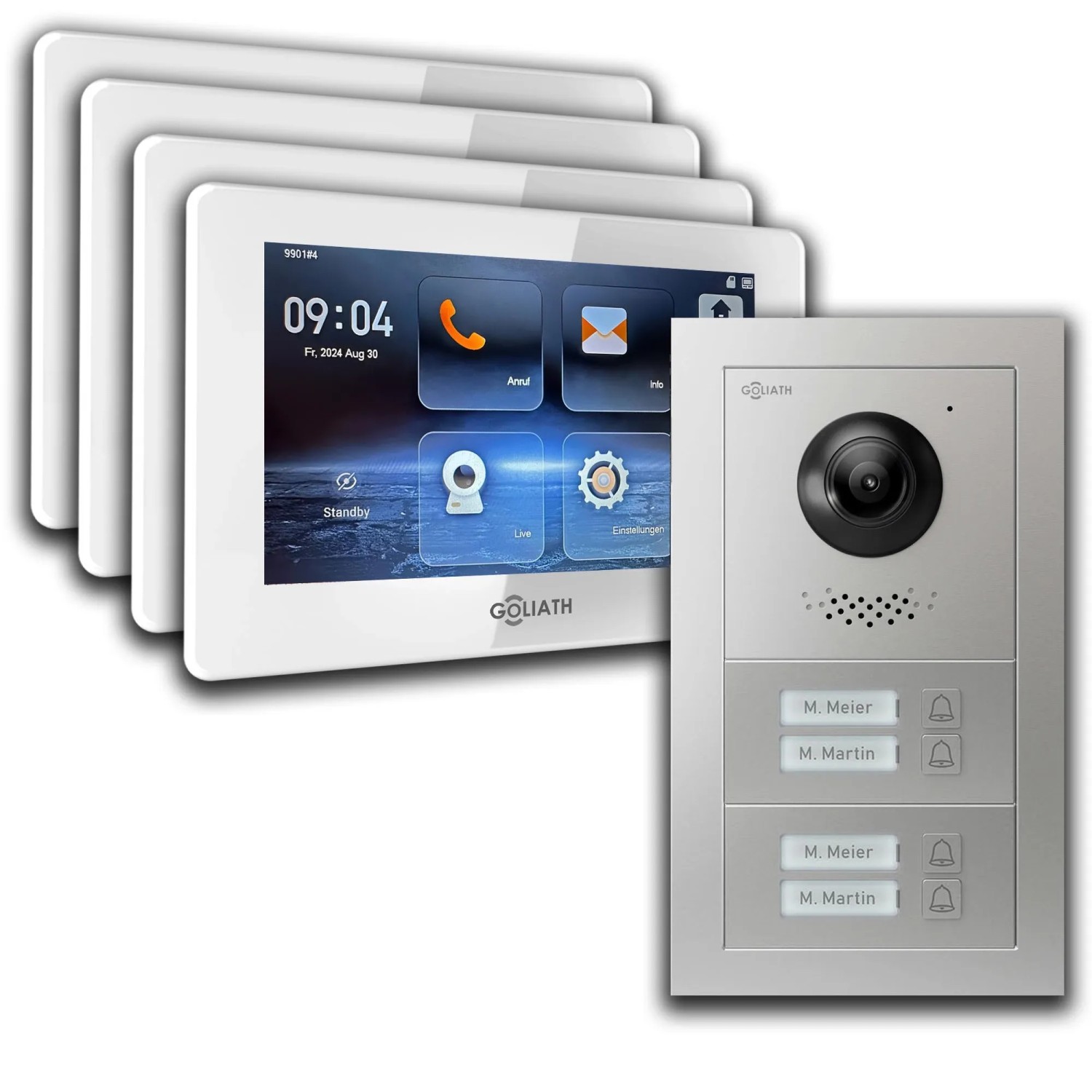 Goliath IP Video Türsprechanlage 4 Familienhaus 7 Zoll Weiß App Silber Unterputz