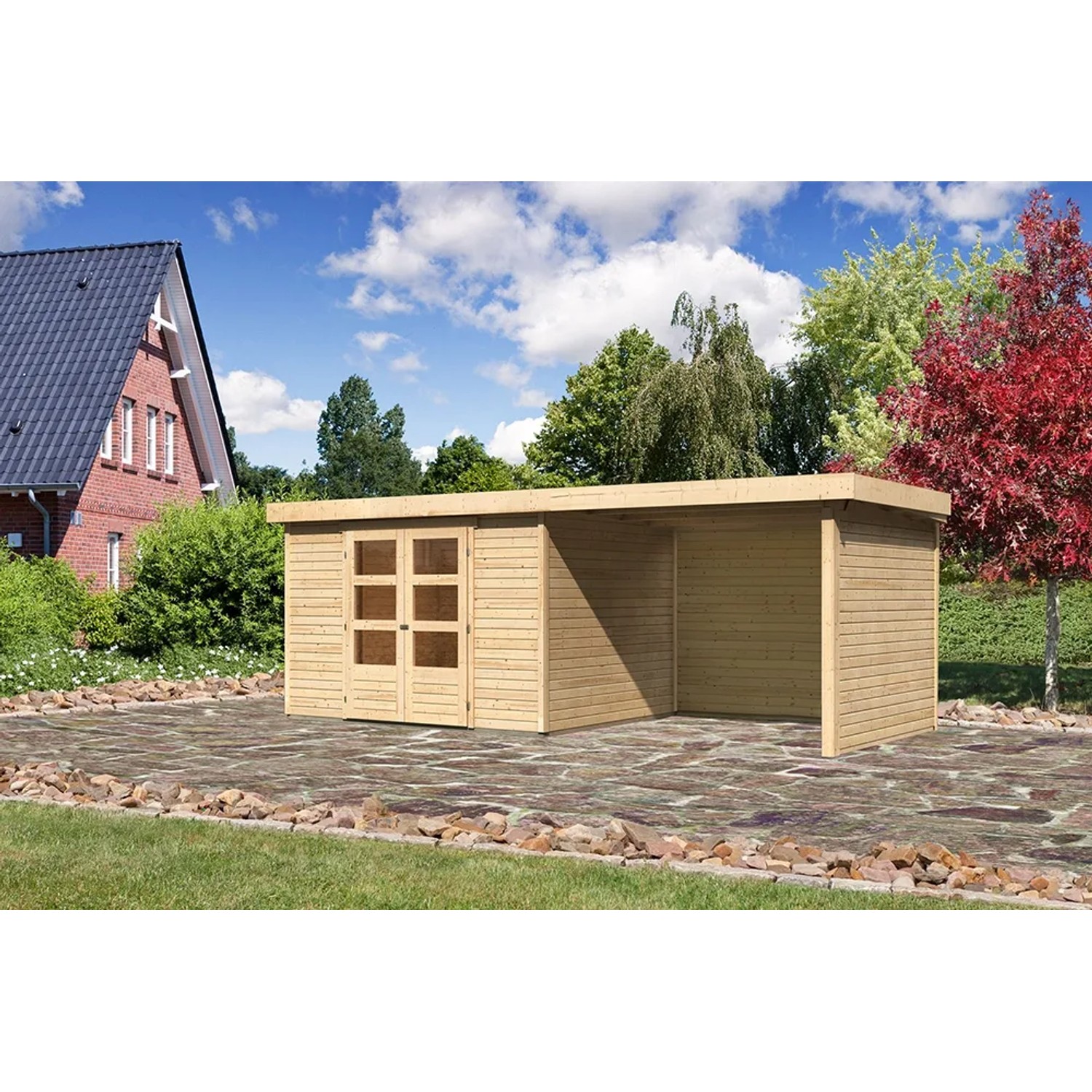 Karibu Holz-Gartenhaus Boras mit Flachdach und Anbau, unbehandelt.