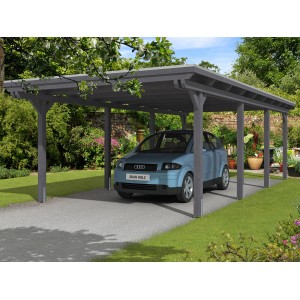 Skan Holz Einzelcarport Leimholz schiefergrau mit Auto im Garten.