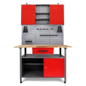 Ondis24 Werkbank Set Klaus, 120 cm, mit Schrank, LED und Lochwand in Rot. Werkstatteinrichtung.