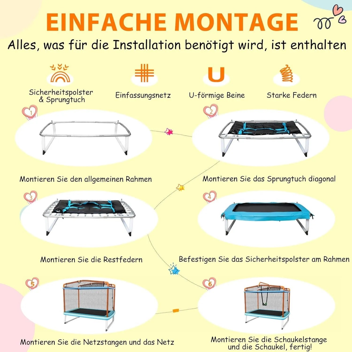 Montageanleitung für Costway 3-in-1 Kindertrampolin (blau/orange) mit Schaukel und Reckstange.