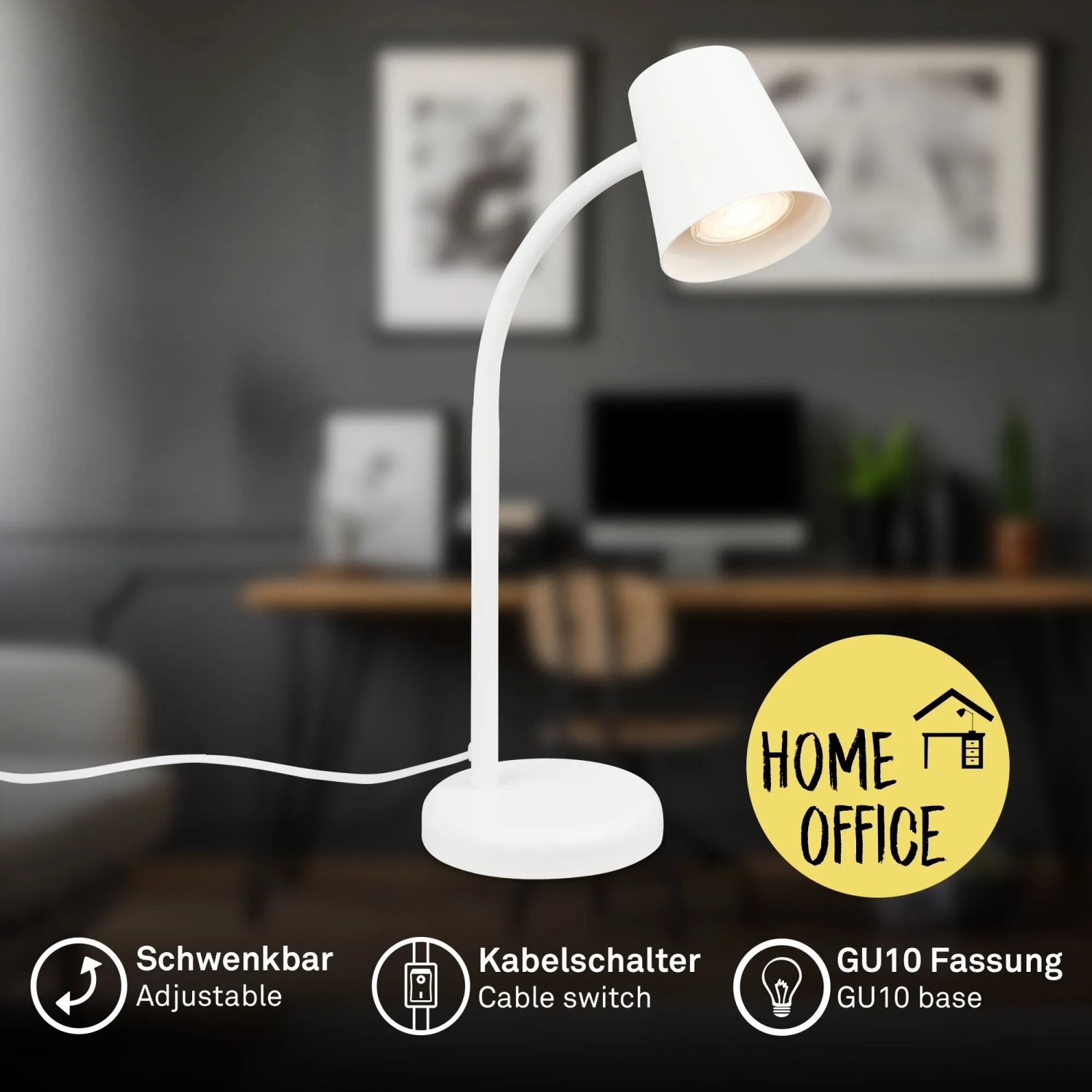 Weiße, schwenkbare Brilo Tischleuchte mit Kabelschalter für GU10 Leuchtmittel. Ideal als Schreibtischlampe.