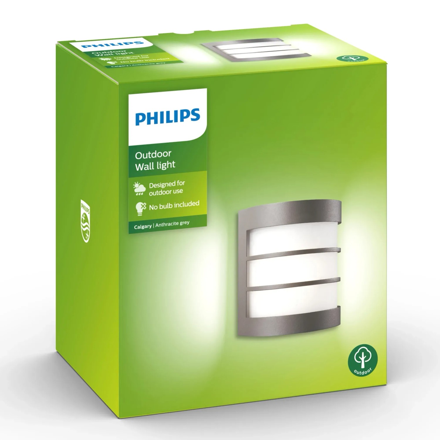 Verpackung der Philips Calgary Außenwandleuchte in Anthrazit. Moderne, zylindrische Wandlampe für den Außenbereich.