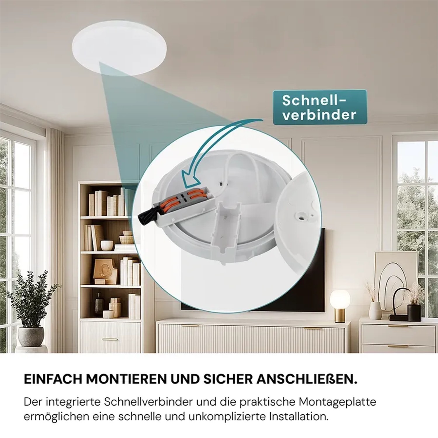 Montage der weißen LUXULA LED-Deckenleuchte mit Schnellverbinder im Detail.