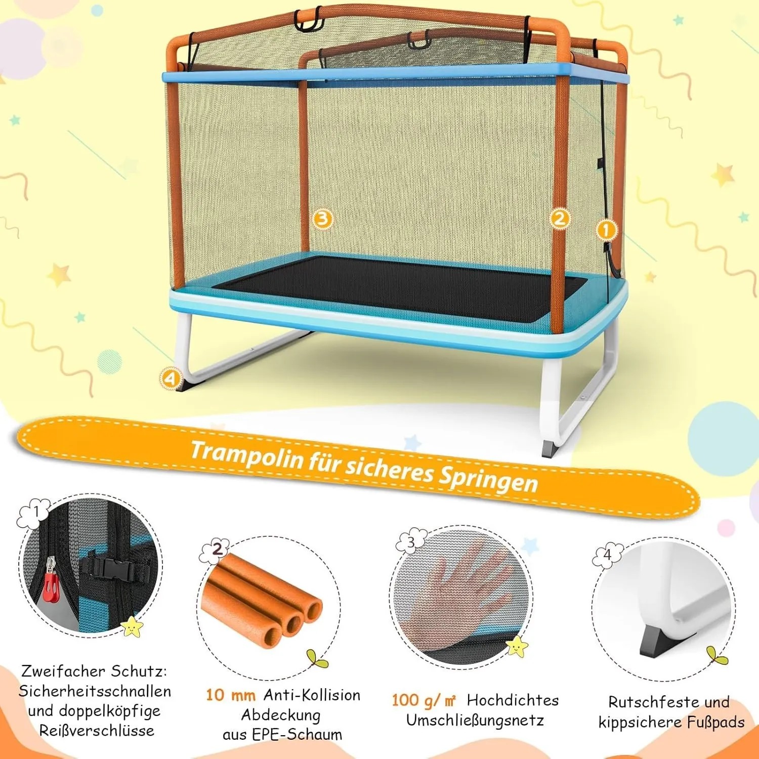 Blau-oranges Costway 3-in-1 Kindertrampolin mit Netz, Schaukel und Reckstange.