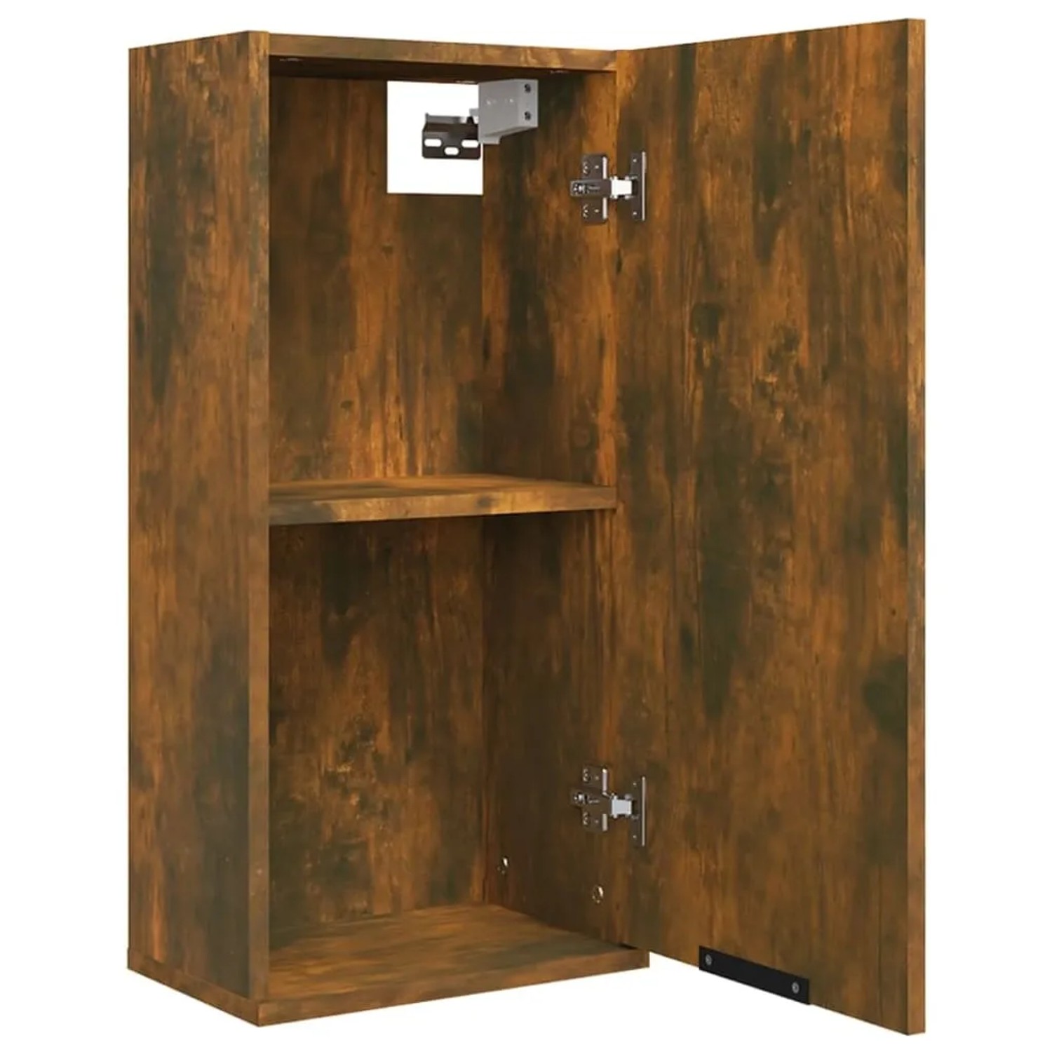 Wand-Badschrank in Räuchereiche (32x20x67 cm) mit offener Tür und einem Einlegeboden.