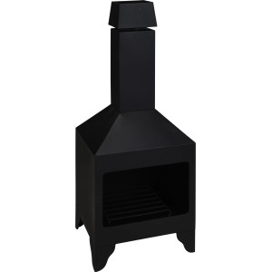 Schwarzer Terrassenkamin aus Metall, 110cm hoch, für gemütliche Abende im Freien.
