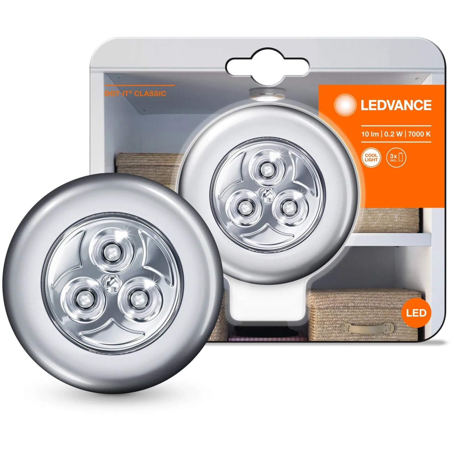 LEDVance Dot-it Classic Unterbauleuchte, dimmbar, silber. Kompakte LED-Leuchte für Innenräume, batteriebetrieben.