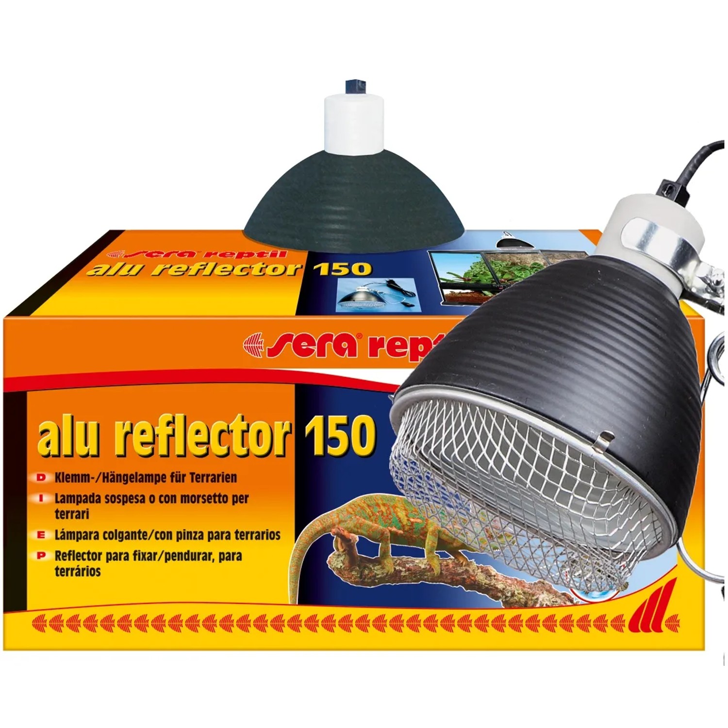 Sera Terrarium Klemm-/Hängelampe Reptil Alu Reflector 150 für Terrarien mit Alu Schutzkorb.