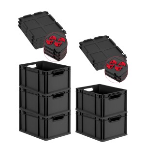 PROREGAL SuperSparSet: Schwarze Euroboxen mit Deckel und roten Verschlüssen, 20 Liter, mit Griffen.