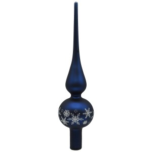 Dunkelblaue, matte Glas-Baumspitze (Ø 6 cm) mit silbernen Schneeflocken als Weihnachtsdeko.