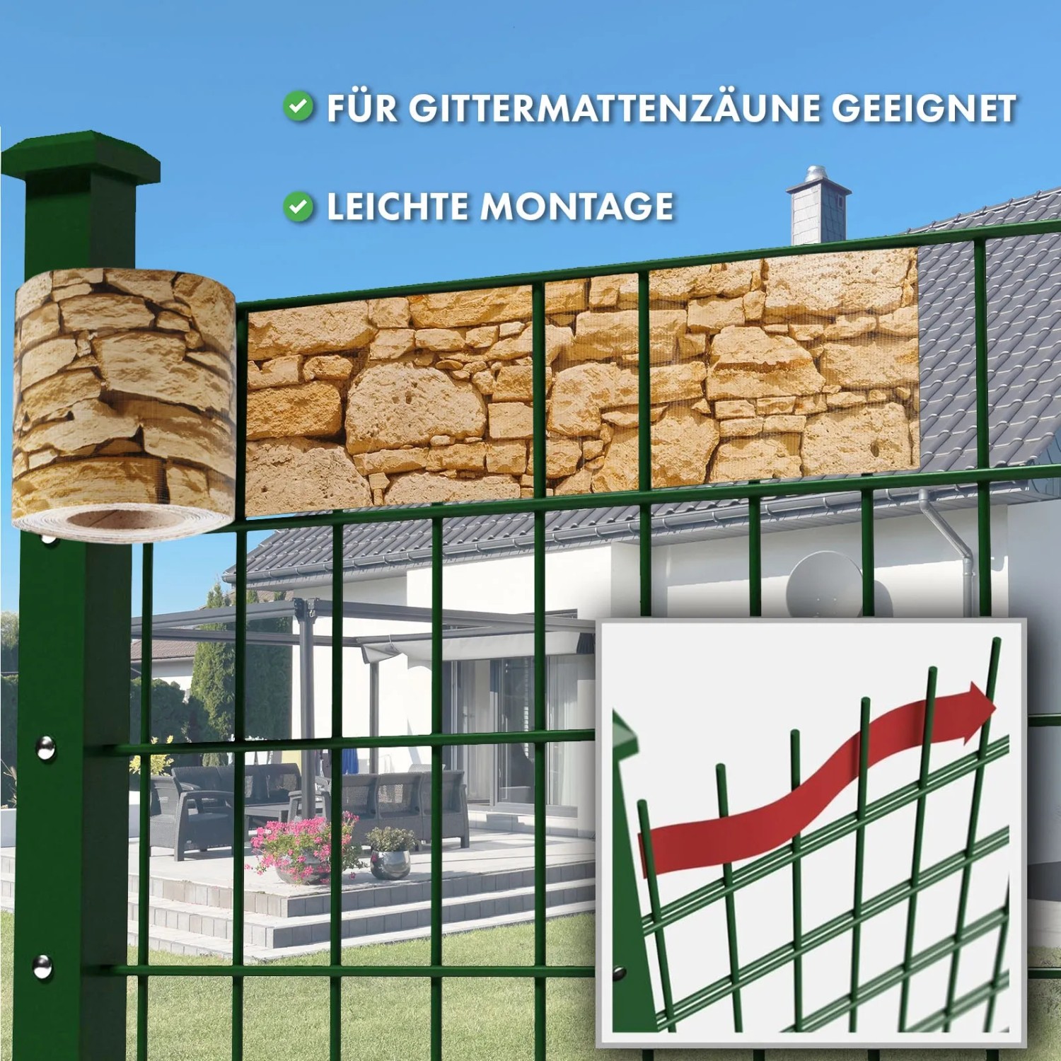 KARAT PVC Sichtschutzstreifen in Steinoptik für Doppelstabmattenzaun, einfache Montage.
