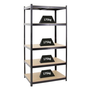 Schwarzes PROREGAL Schwerlastregal Taurus mit 5 MDF-Fachböden, Fachlast 175 kg, 180x90x60 cm.